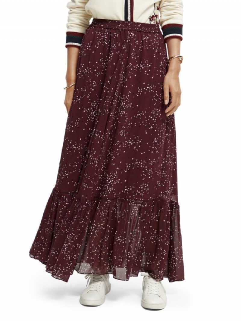 Scotch & Soda Tiered Printed Chiffon Maxi GolfSkirts Damen Rot | SN-SAS56772