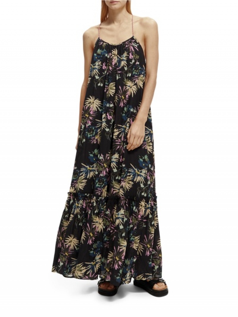 Scotch & Soda Tiered Riemen Maxi Kleid Damen Schwarz | SN-SAS56781
