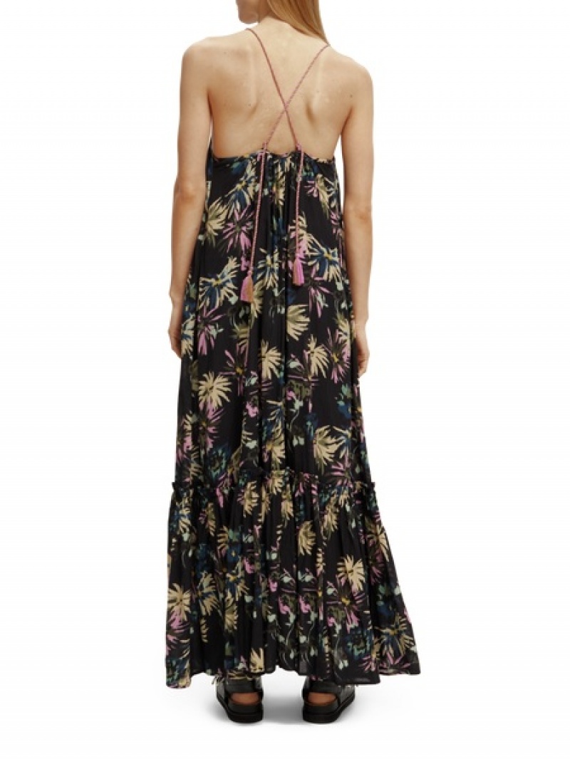 Scotch & Soda Tiered Riemen Maxi Kleid Damen Schwarz | SN-SAS56781
