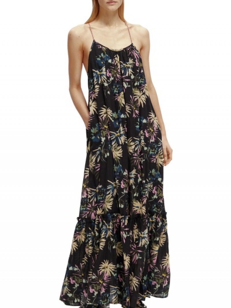 Scotch & Soda Tiered Riemen Maxi Kleid Damen Schwarz | SN-SAS56781