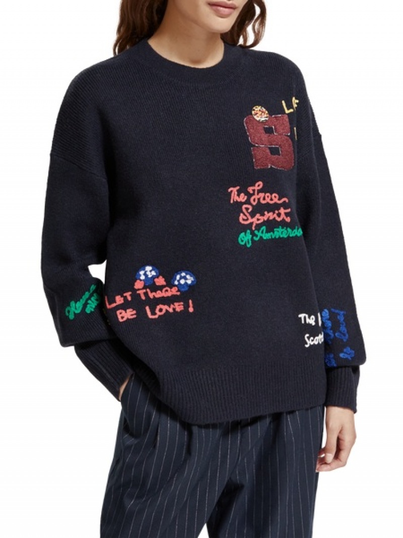 Scotch & Soda Varsity Embroidered Pullover Damen Navy | SN-SAS56716