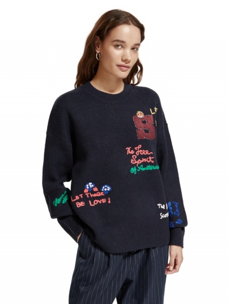 Scotch & Soda Varsity Embroidered Pullover Damen Navy | SN-SAS56716