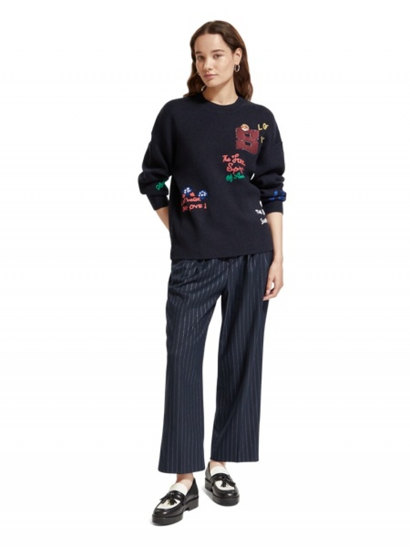 Scotch & Soda Varsity Embroidered Pullover Damen Navy | SN-SAS56716
