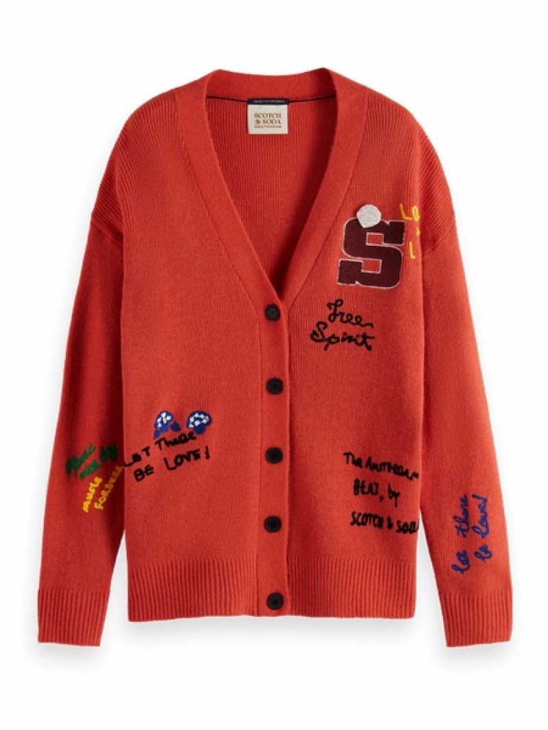 Scotch & Soda Varsity Embroidered Strickjacke Damen Rot | SN-SAS56717