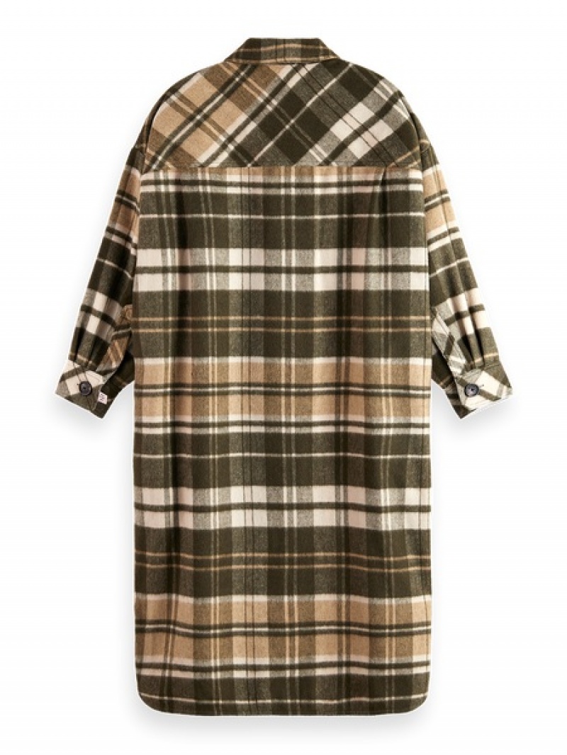 Scotch & Soda Wolle Blend Checked Long Jacken Damen Grün | SN-SAS56858