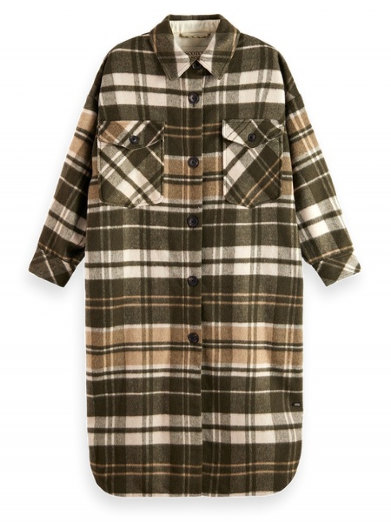 Scotch & Soda Wolle Blend Checked Long Jacken Damen Grün | SN-SAS56858