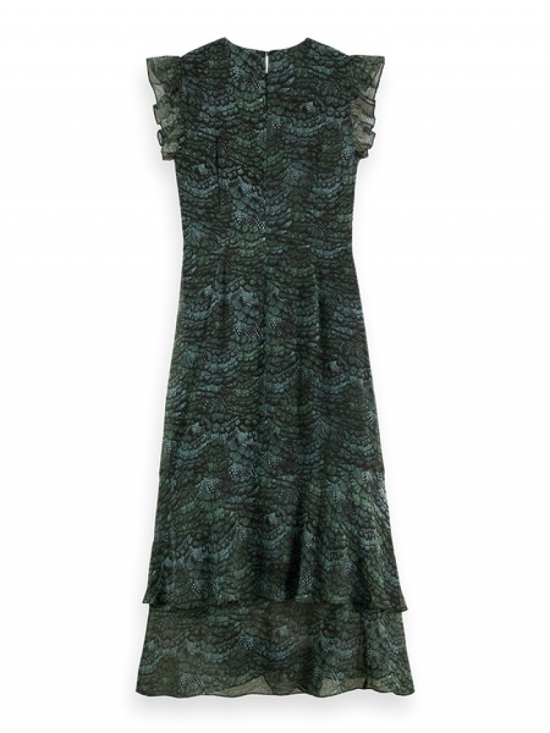 Scotch & Soda Ärmellose Midi Flounce Kleid Damen Grün | SN-SAS56814