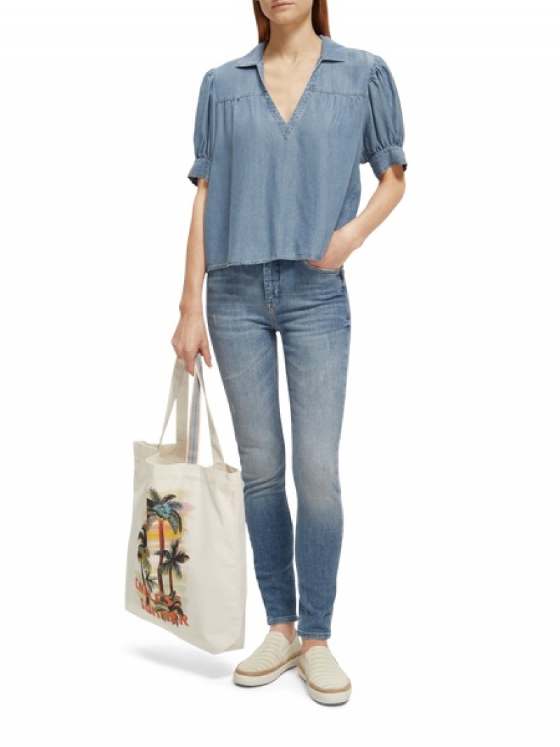 Scotch & Soda -sleeved V-neck Oberteile Damen Indigo | SN-SAS56763