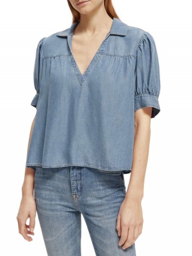 Scotch & Soda -sleeved V-neck Oberteile Damen Indigo | SN-SAS56763
